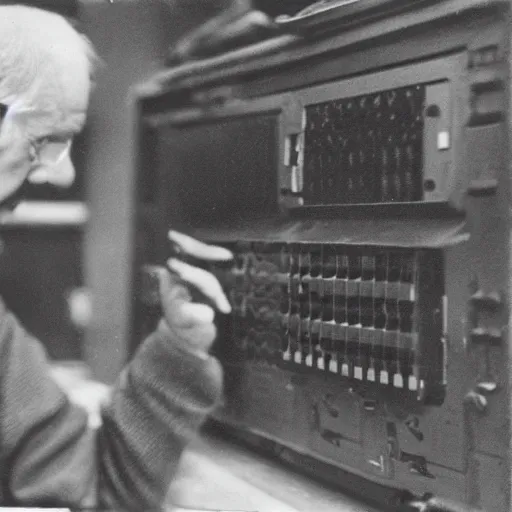 Prompt: old man staring at a highly advanced computer , old photo , 1824 , HD , 4k