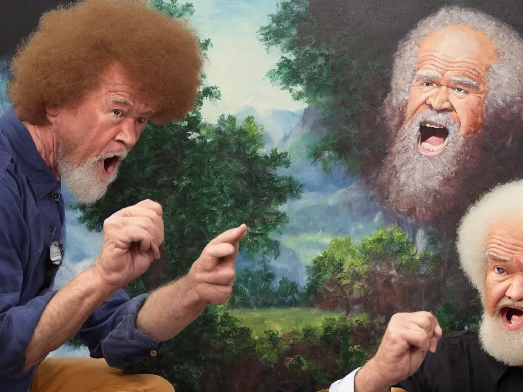 Image similar to old bob ross is sad and angry and yelling at a huge painting by bob ross