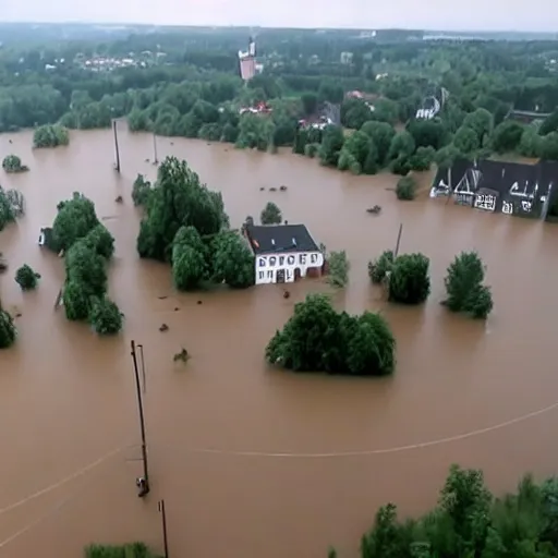 Image similar to drone footage of a small german town being flooded during a thunderstorm