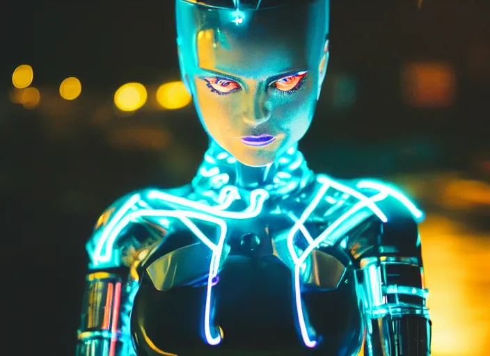 Prompt: a 3 5 mm photo of a cybernetic woman with led lights and neon with chrome details, splash art, movie still, bokeh, canon 5 0 mm, cinematic lighting, dramatic, afrofuturism, film, photography, golden hour, depth of field, award - winning, anamorphic lens flare, 8 k, hyper detailed, 3 5 mm film grain