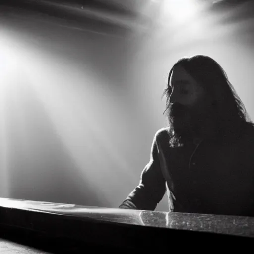 Image similar to a still of jesus sitting down on a stool at the bar, last call. it's dark and smoky. god rays through fog.