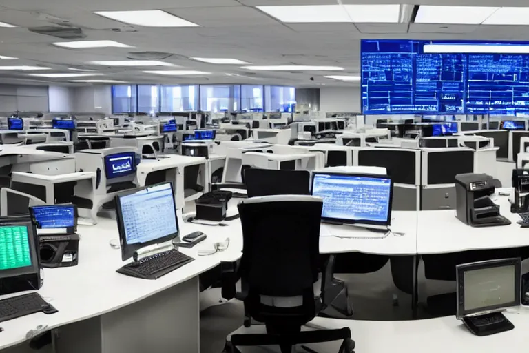 Image similar to an alien sat at a bank of computers listening for signs of life from space