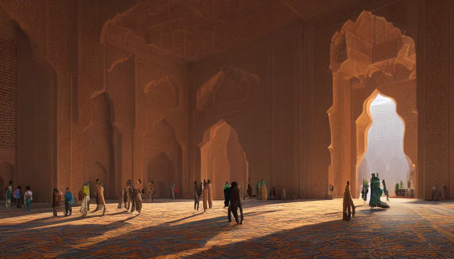 Image similar to the inside of a monument with mughal motifs, by tim blandin and arthur haas and bruce pennington and john schoenherr, big windows architecture by zaha hadid, octane render, cinematic, scenery, cgsociety, modernism, futuristic, trending on artstation, sci - fi, high detail, high quality, close up angle, people walking