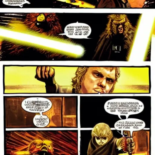 Prompt: anakin skywalker kills big bird with a lightsaber, dramatic, cinematic, hyperrealistic, epic