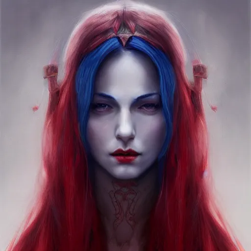 Image similar to A detailed matte oil on canvas head on symmetrical portrait of a distinguished elven woman with red and blue hair on an empty background, by Charlie bowater, Wlop, trending on artstationhd, dungeons and dragons art, parted hair , half blue, half red , split dye, critical role