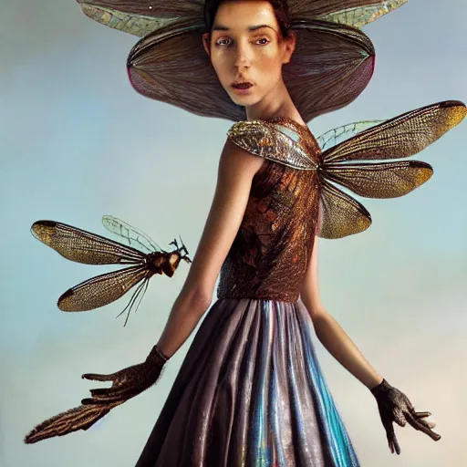 Image similar to brown woman wearing a shiny dragonfly armor. iridiscent. super detailed. layered. textured. award winning. dispersion of light. refracted lighting. soft. fragile. by ray caesar. by louise dahl - wolfe. by andrea kowch. surreal photoraphy. photorealistic