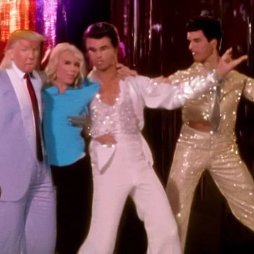 Prompt: A still of Donald Trump wearing a disco suit in Saturday Night Fever