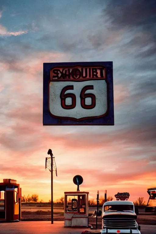 Image similar to a sunset light landscape with historical route 6 6, lots of sparkling details and sun ray ’ s, blinding backlight, smoke, volumetric lighting, colorful, octane, 3 5 mm, abandoned gas station, old rusty pickup - truck, beautiful epic colored reflections, very colorful heavenly, softlight