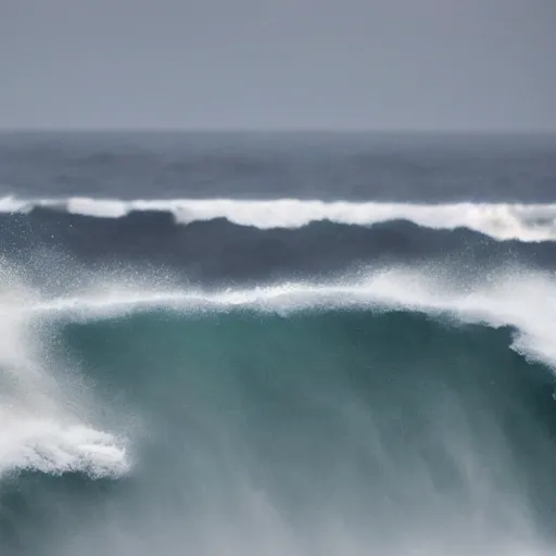 Prompt: the last man standing is hip deep in wild ocean waves
