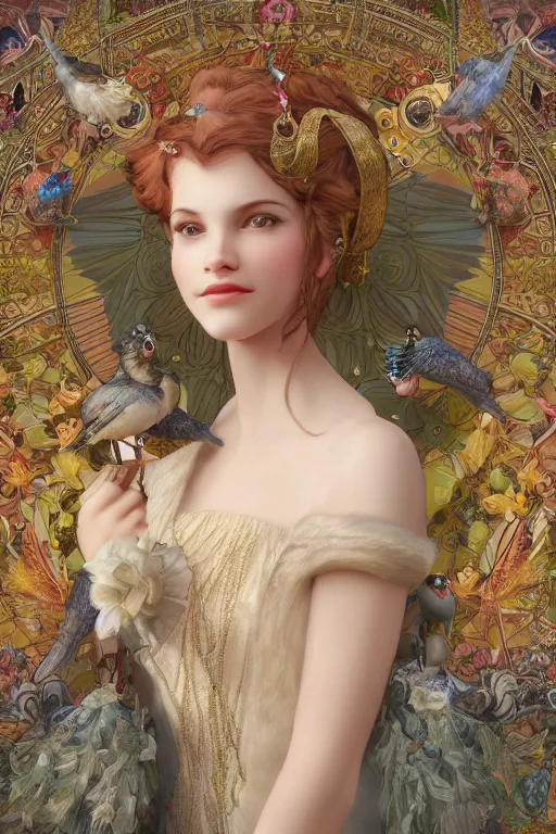 Image similar to zoom in 3 d render of english princess holding birds, ornaments, mucha vibe, dieselpunk, solarpunk, artstation, andrei riabovitchev