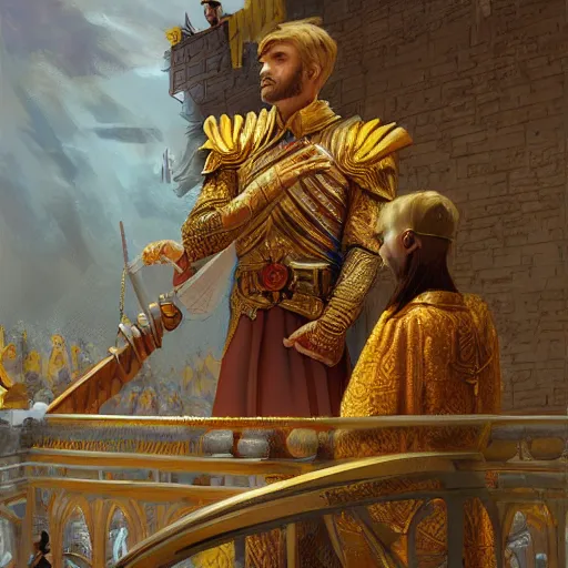 Image similar to A young king in golden clothes making a speech from a balcony, fantasy, highly detailed, digital painting, artstation, concept art, illustration, art by Bayard Wu and Marc Simonetti