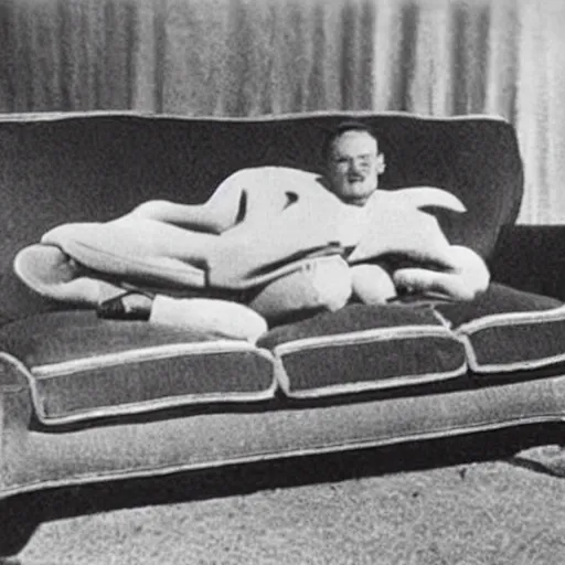 Prompt: 1942 photo shows a disturbing couch made from teeth