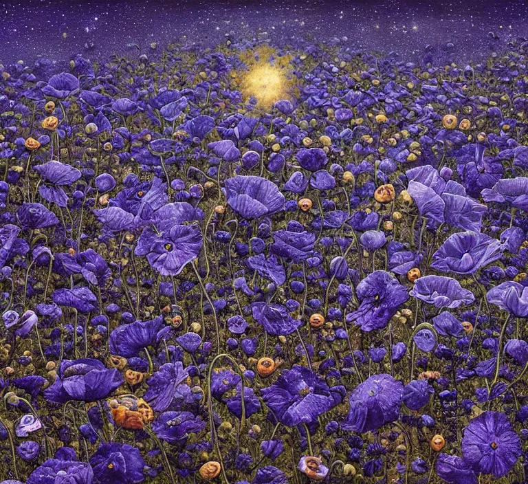 Image similar to detailed, intricate blue black and purple papaverum flower on the field, nebula, galaxy in the sky, winning award masterpiece, fantastically beautiful, illustration, aestheticly inspired, jacek yerka, upscale with anguissola sofonisba work, artstation, 8 k