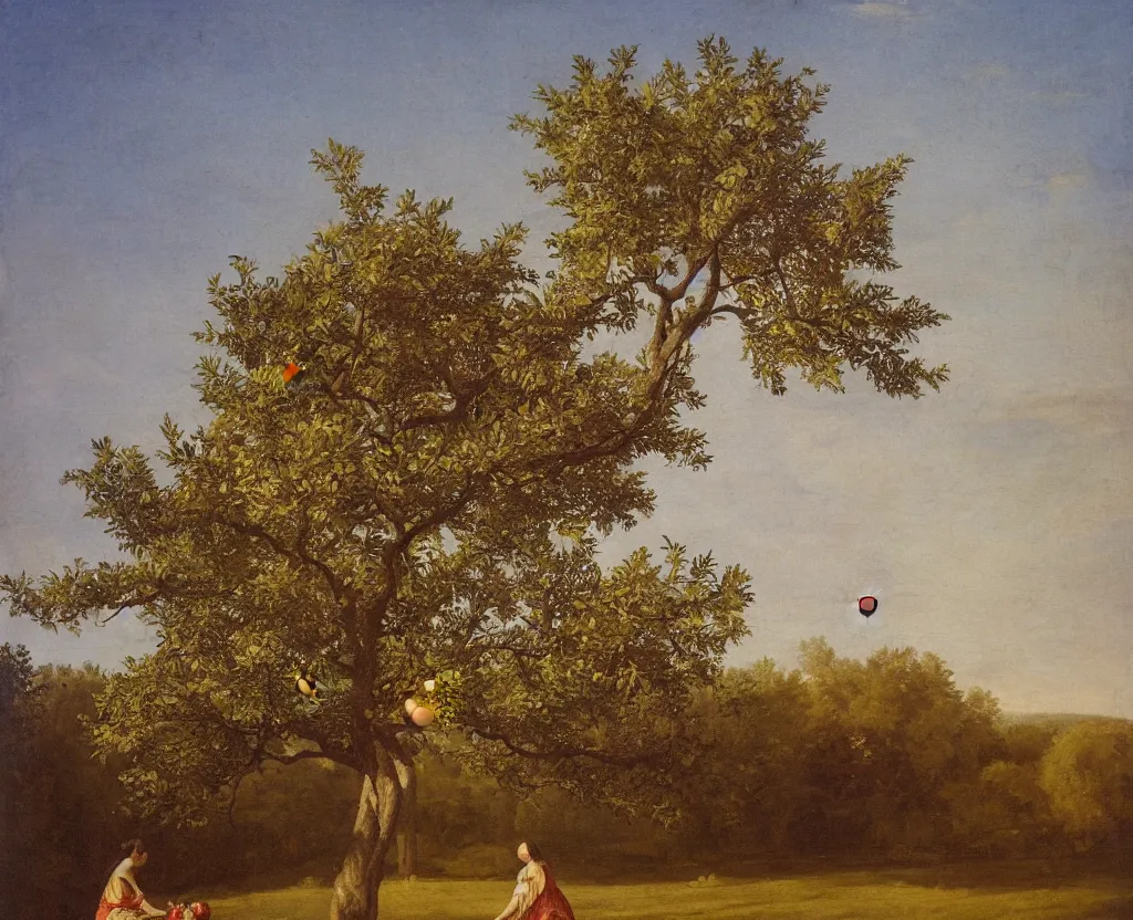 Prompt: Single apple tree in the center. Woman wearing fig leaves stand on the side of a the tree, facing the camera, holding an apple in hand, classical painting, realism, golden hour