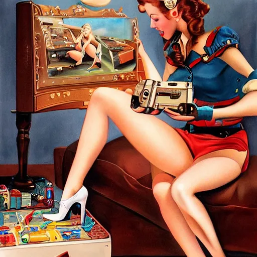 Prompt: a realistic painting of a pin up girl playing videogames, by Alberto Vargas, highly detailed and intricate, cinematic lighting 4k