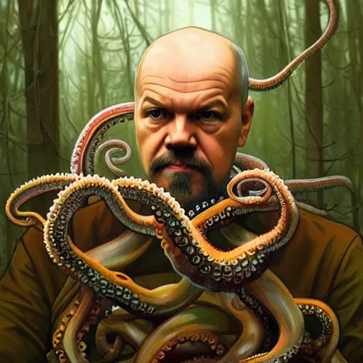 Image similar to photo of vladimir lenin and octopus hybrid with tentacles in the forest, highly detailed, digital painting, artstation, smooth, sharp focus, illustration, art by artgerm and greg rutkowski and alphonse mucha