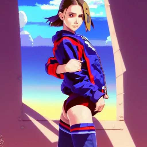 Image similar to beautiful boyish natalie portman gravure model in majora's mask, wearing big mayan bomber jacket with overalls and leotard, big bomber jacket with subtle mayan patterns, aztec bathing suit, gapmoe yandere grimdark, trending on pixiv fanbox, painted by greg rutkowski makoto shinkai takashi takeuchi studio ghibli, akihiko yoshida