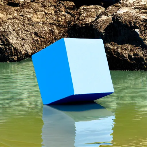 Image similar to a blue cube splashing into a turbulent lake