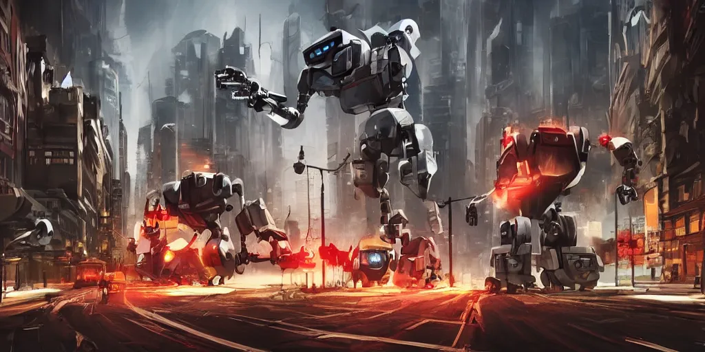 Prompt: evil robots taking over the city, cinematic, concept art, action poses
