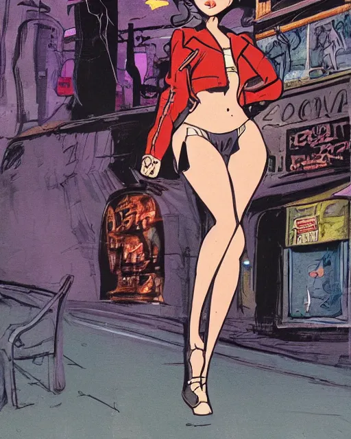 Image similar to young female protagonist in leather jacket, city street, artwork by ralph bakshi