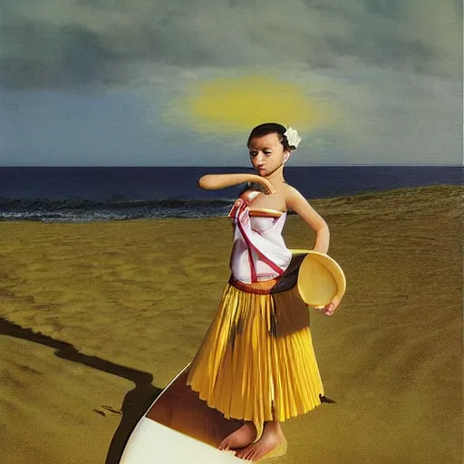 Prompt: The computer art depicts a young girl in a traditional hula outfit. She is standing on a surfboard in front of a beautiful ocean landscape. midday by Tim Walker, by Ed Emshwiller organic