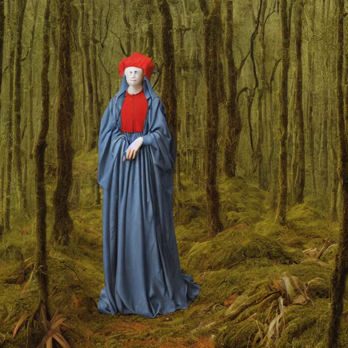 Image similar to a woman wearing a hood made of wire and plastic, in vast mossy forest, by jan van eyck, canon eos c 3 0 0, ƒ 1. 8, 3 5 mm, 8 k, medium - format print