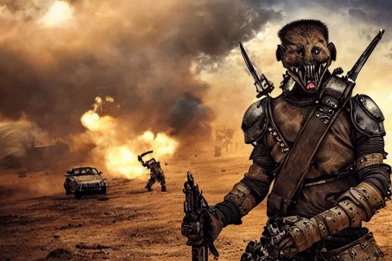 Prompt: a fursona ( from the furry fandom ), heavily armed and armored facing down armageddon in a dark and gritty version from the makers of mad max : fury road. witness me.