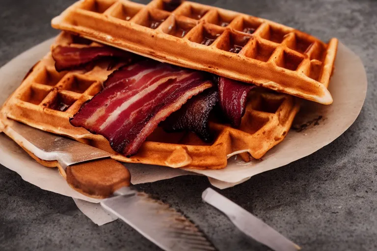 Image similar to product photography of a waffle, bacon, and knife