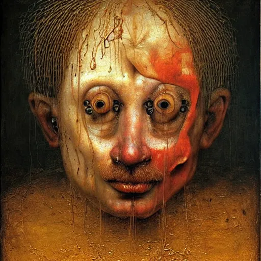 Image similar to half boy half old man made of greasy spaghetti, by giuseppe arcimboldo and ambrosius benson, renaissance, intricate and wet oil paint, a touch of beksinski, realistic