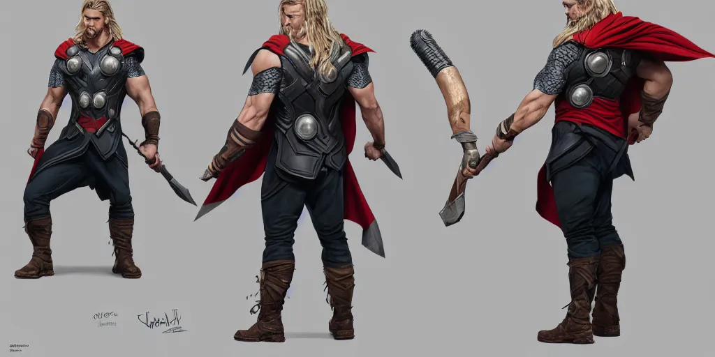 Image similar to cartoonish chris hemsworth as thor kissing his hammer and dancing, character sheet, fine details, concept design, contrast, kim jung gi, greg rutkowski, trending on artstation, 8 k, full body, turnaround, front view, back view, ultra wide angle