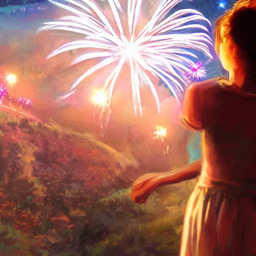 Image similar to girl watching watching fireworks on a hill, digital art, by richard estes, akiyuki shinbou, yoshitaka amano highly detailed, realistic, cinematic, bold colours, photorealism, 4 k, wide angle lens