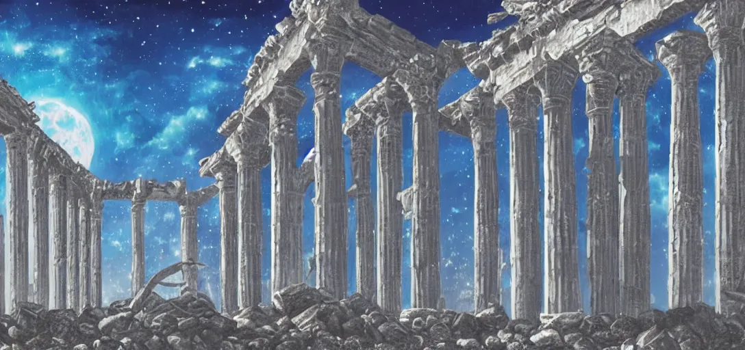 Image similar to The ruins of the Silver Millennium on the moon from Sailor Moon, digital painting, Earth in the distance, Greek-esque columns and ruins