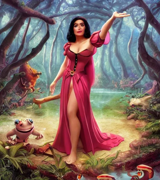 Prompt: film still of Salma Hayek as snow white in a forest by a pond with frogs, by artgerm, makoto sinkai, magali villeneuve, Gil Elvgren, Earl Moran,Enoch Bolles, symmetrical,