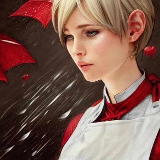 Image similar to elf woman standing in rain, short blonde hair, red and white chef's apron, sharp focus, intricate, smooth, ultra realistic digital art, elegant, by artgerm, greg rutkowski, raymond swanland, alphonse mucha