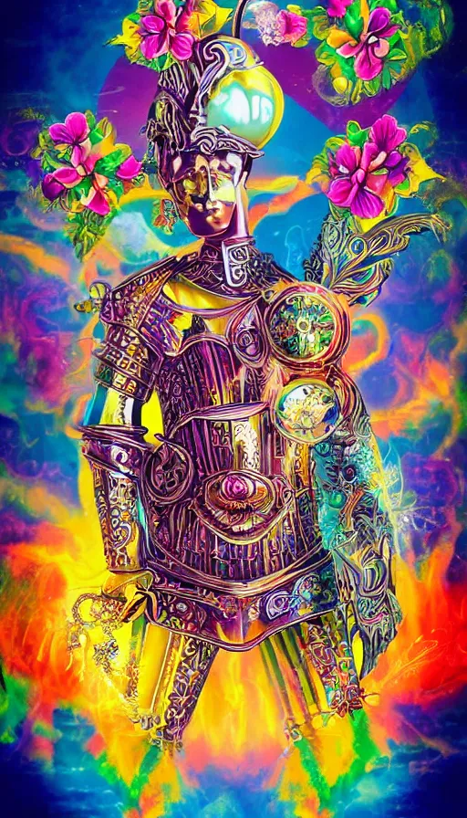 Prompt: vibrant and colorful retrofuturistic digital airbrush illustration of a knight wearing an ornate chrome headpiece and holding a flower with a landscape and sky in the background by luigi patrignani