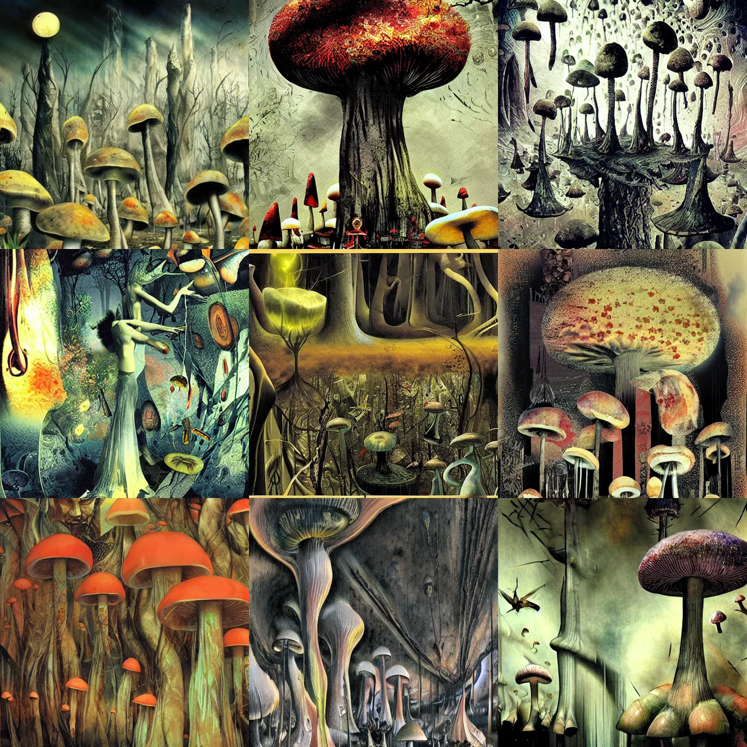 Prompt: psychedelic mushrooms dream, insanely detailed matte painting, by dave mckean