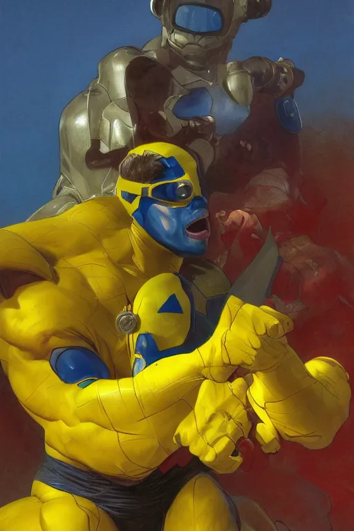 Prompt: marvel superhero, strong man with blue and yellow costume, goggles and leather helmet, yellow boots, yellow gloves, detailed portrait, action in background 8 k, concept art, painted by zdzislaw beksinski and artgerm and greg rutkowski and alphonse mucha, cinematic dramatic atmosphere, sharp focus, volumetric lighting, cinematic lighting, studio quality