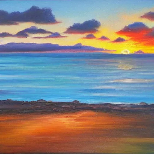 Image similar to sunset over a wooden cabin on the coast in the distance, sea, oil painting, very detailed, colorful