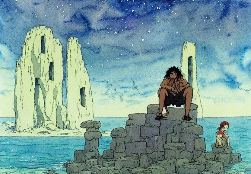 Prompt: a simple watercolor studio ghibli movie still fantasy concept art of a giant native american man sitting on a tiny stonehenge in the ocean. it is a misty starry night. by rebecca guay, michael kaluta, charles vess