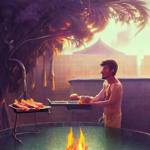 Image similar to highly detailed portrait of willem dafoe grilling hamburgers poolside, stephen bliss, unreal engine, fantasy art by greg rutkowski, loish, rhads, ferdinand knab, makoto shinkai and lois van baarle, artgerm, pixar, ilya kuvshinov, rossdraws, tom bagshaw, global illumination, radiant light, detailed and intricate environment