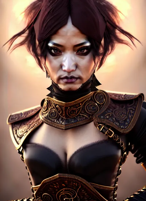 Image similar to rogue, fantasy ornate leather bandit outfit!!! close - up portrait beautiful and athletic short hair female!! gorgeous face and eyes!! character concept art, sharp focus, octane render! unreal engine 5! highly rendered!! trending on artstation!! detailed linework!! illustration by artgerm, wlop, and chie yoshii