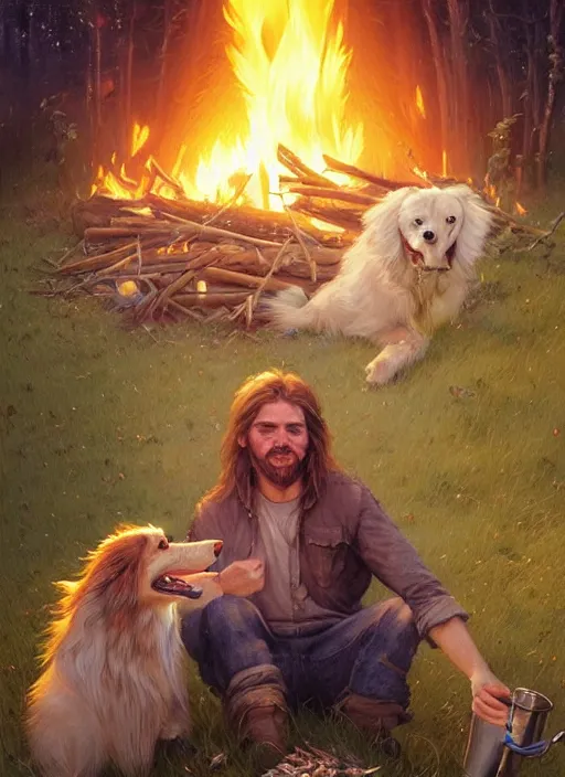 Prompt: highly detailed portrait of long - haired blonde hillbilly around a bonfire with his fluffy australian shepherd, stephen bliss, art by greg rutkowski, loish, rhads, ferdinand knab, makoto shinkai and lois van baarle, artgerm, pixar, ilya kuvshinov, rossdraws, tom bagshaw, global illumination