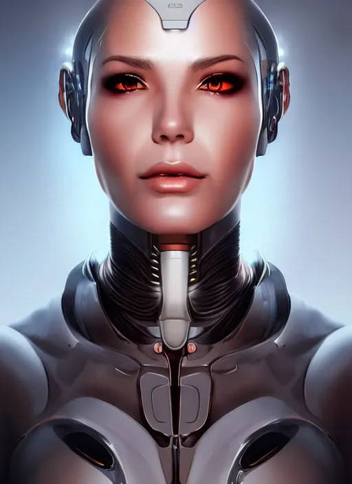 Image similar to portrait of a cyborg woman by Artgerm, (((((face turns left))))) (((face turns right+100))), eyes closed , biomechanical, hyper detailled, trending on artstation