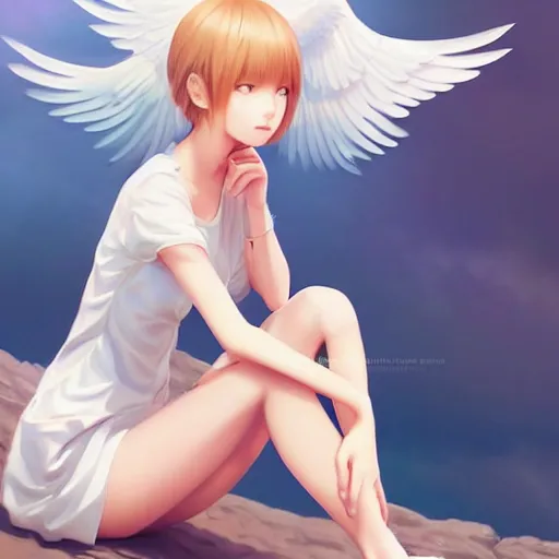 Image similar to infinitely detailed full - body portrait pale female peaceful dream angel wearing elegant clothes. beautiful! scenery art! by wlop & murata range, by ilya kuvshinov. artstation!! / pixiv!!