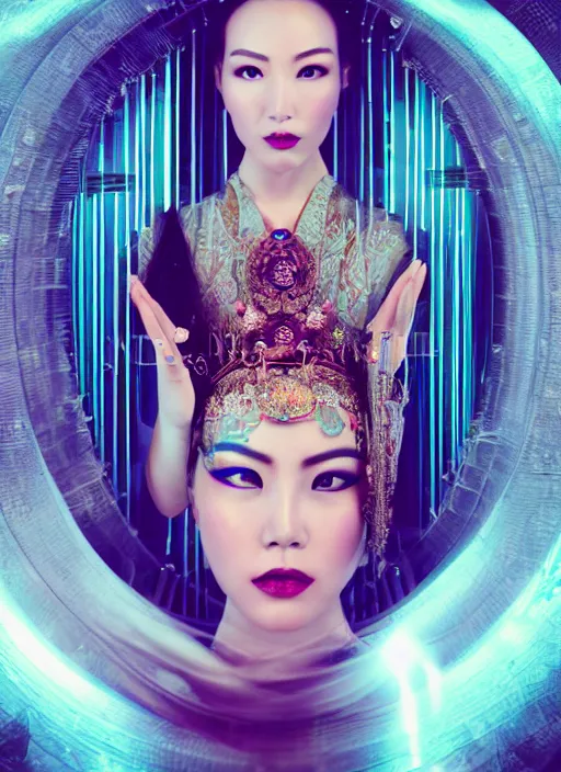 Image similar to photo shoot pose photo of beautiful Chinese ancient princess standing in the corridor in the space ship, symmetrical face, big eyes and lips, looking down, subtle makeup, clean face and body skin,ecstatic expression, ornamental jewelry and ancient translucent clothes, futuristic space ship interrior, wires with lights,depth of field, lens flares, dust in the air, moody lighting, intricate, elegant, highly detailed, centered, smooth, sharp focus, Donato Giancola, Joseph Christian Leyendecker, WLOP, Boris Vallejo, Artgerm moody photography, old photo, black and white, sepia, cinematic lighting, cinematic angle, editorial photography