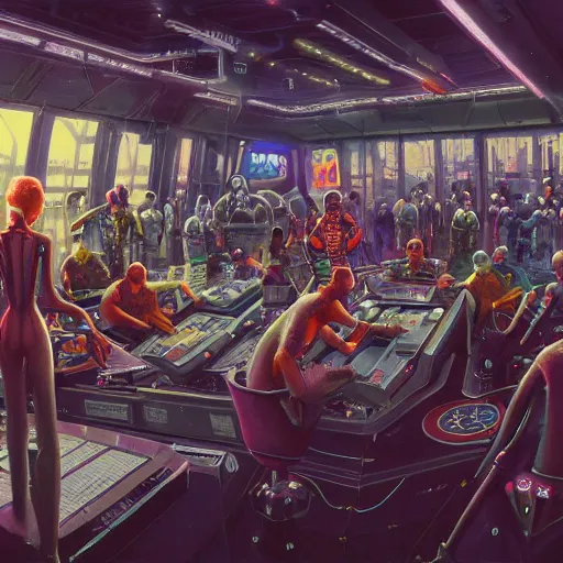 Image similar to crowded used future casino, robots humans and extraterrestrials, on a crowded space station, jim henson creature shop, 1 9 8 0 s science fiction, 1 9 7 0 s science fiction, alien 1 9 7 9, cyberpunk, 3 d oil painting, depth perception, 4 k, artstation