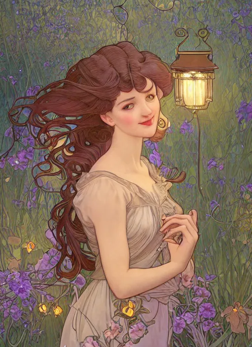 Image similar to well - lit art nouveau portrait of a young innocent girl with hair blowing in the wind in a flower garden with lanterns and fireflies at night,, natural lighting, path traced, highly detailed, high quality, cartoon, digital painting, by don bluth and alphonse mucha and ross tran