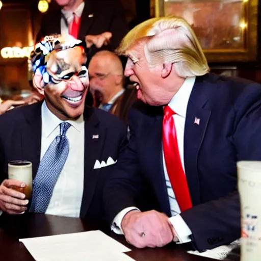 Image similar to joe biden and donald trump getting drunk together at a pub, laughing and joking, at night