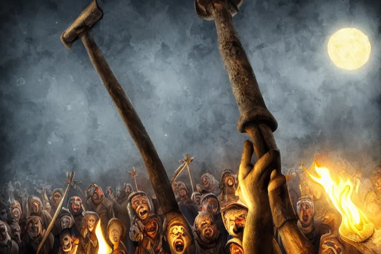 Prompt: villagers with torches axes and pitchforks, screaming faces, dark night, moon, highly detailed digital art, photorealistic