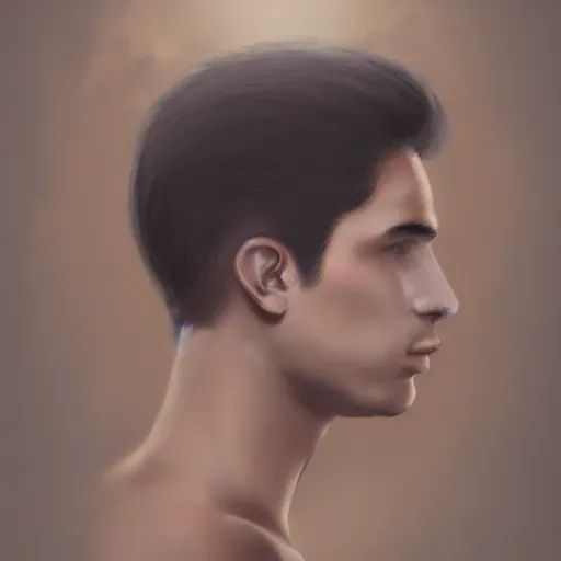 Image similar to ethereal aesthetic painting of a beautiful man with tan skin and short dark hair, clean shaven, angelic, 4k, trending on artstation